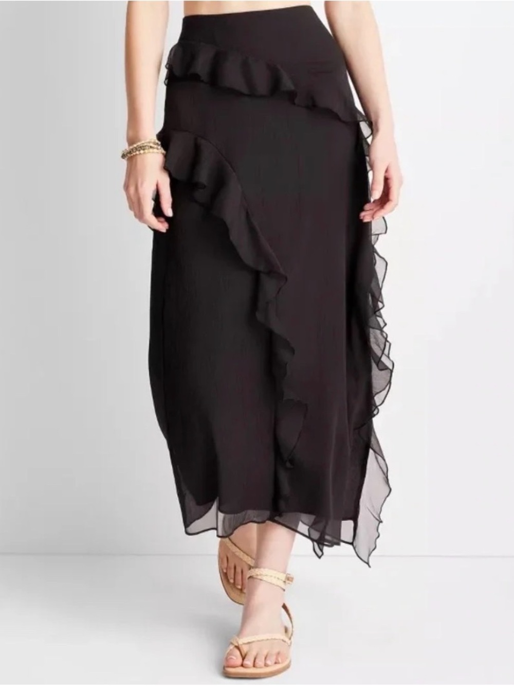 Black Ruffle Midi Skirt - Elegant Women's Skirt